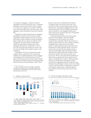 MONETARY POLICY REPORT:   FEBRUARY 2014 13 

In contrast to mortgages, consumer credit has
expanded in each of the past four years. A detailed
breakdown of consumer credit is shown in figure
C. In recent years, growth in consumer credit has
been driven by student loans and auto loans, while
aggregate credit card balances have been relatively
flat.
Despite the marked improvements in aggregate
household net worth since the recession, many
households’ wealth positions have not recovered.
Weak labor market conditions and the precipitous
drop in home prices continue to weigh on many
households’ net worth. Figure D shows that a
significant percentage of homeowners with a
mortgage continue to be “underwater”—that is,
they owe more than their homes are worth—and,
for many, the depth of that negative equity is still
substantial.
Nonetheless, the share of homeowners with
negative equity is decreasing. By one estimate,
roughly one in eight homeowners with a mortgage
was underwater as of the third quarter of 2013—
about half the share from two years earlier, though
still significantly higher than the level that prevailed
before house prices started falling in 2006.2 Three
2. These estimates are from CoreLogic. Alternative
estimates from Zillow show a somewhat larger share
of underwater households, but one that also has been
declining since early 2012.

primary factors have contributed to the decline
in negative equity over the past two years. First,
home prices have increased significantly. Second,
homeowners’ outstanding mortgage balances have
been declining because of scheduled amortization,
cash-in refinances, and mortgage modifications.
Third, foreclosures and short sales have extinguished
some homeowner liability.
Continued improvements in the home equity
positions of households could have broader
consequences for the economy. First, these
improvements could help with the transmission of
monetary policy. Banks are more willing to refinance
mortgages when homeowners have positive
equity, so improving home equity may allow more
homeowners to take advantage of the current low
interest rates. Second, because negative equity is
associated with higher rates of foreclosure, these
improvements should reduce the number of future
foreclosures and the associated economic and
social costs. Third, to the extent that households are
able to borrow against their home equity to fund
outlays, including those to finance small businesses,
having more homeowners with positive equity
could increase aggregate demand. Finally, because
homeowners with negative equity may be less willing
or able to sell their homes at market prices, declines
in the negative equity share could help improve
the operation of the housing market and increase
mobility.

C. Changes in consumer credit

D. Percent of mortgages with negative equity
Percent

Billions of dollars, monthly rate

LTV > 125
LTV 105-125
LTV 100-105

200
150
100
50
+
0
_
50
Credit cards
Auto loans
Student loans
Other
Sum
2007

2008

2009

2010

2011

2012

Q3

Q4

Q1

Q2

Q3

36
30
Q4

Q1

Q2

Q3

24

Q4
Q1
Q2

100

18
Q3

12

150
200

6

250

2013

NOTE: Changes are calculated from year-end to year-end except 2013
changes, which are calculated from Q3 to Q3.
SOURCE: Federal Reserve Board, Statistical Release Z.1, “Financial
Accounts of the United States.”

2010

2011

2012

2013

NOTE: Loan-to-value (LTV) ratio is outstanding mortgage debt as a percent
of the value of the home.
SOURCE: Staff calculations based on data provided by CoreLogic.

 