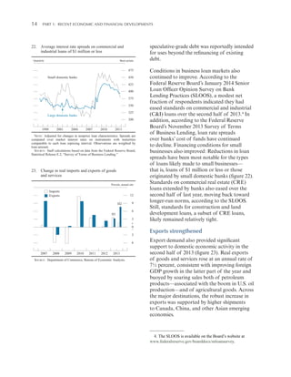 14 

Part 1:   Recent Economic and Financial Developments

22. Average interest rate spreads on commercial and
industrial loans of $1 million or less
Quarterly

Basis points

475
450

Small domestic banks

425
400
375
350
325

Large domestic banks

1998

2001

2004

300
2007

2010

2013

NOTE: Adjusted for changes in nonprice loan characteristics. Spreads are
computed over market interest rates on instruments with maturities
comparable to each loan repricing interval. Observations are weighted by
loan amount.
SOURCE: Staff calculations based on data from the Federal Reserve Board,
Statistical Release E.2, “Survey of Terms of Business Lending.”

23. Change in real imports and exports of goods
and services
Percent, annual rate

Imports
Exports

12
H2
H1

9
6
3
+
0
_
3
6

2007

2008

2009

2010

2011

2012

2013

SOURCE: Department of Commerce, Bureau of Economic Analysis.

speculative-grade debt was reportedly intended
for uses beyond the refinancing of existing
debt.
Conditions in business loan markets also
continued to improve. According to the
Federal Reserve Board’s January 2014 Senior
Loan Officer Opinion Survey on Bank
Lending Practices (SLOOS), a modest net
fraction of respondents indicated they had
eased standards on commercial and industrial
(C&I) loans over the second half of 2013.4 In
addition, according to the Federal Reserve
Board’s November 2013 Survey of Terms
of Business Lending, loan rate spreads
over banks’ cost of funds have continued
to decline. Financing conditions for small
businesses also improved: Reductions in loan
spreads have been most notable for the types
of loans likely made to small businesses—
that is, loans of $1 million or less or those
originated by small domestic banks (figure 22).
Standards on commercial real estate (CRE)
loans extended by banks also eased over the
second half of last year, moving back toward
longer-run norms, according to the SLOOS.
Still, standards for construction and land
development loans, a subset of CRE loans,
likely remained relatively tight.

Exports strengthened
Export demand also provided significant
support to domestic economic activity in the
second half of 2013 (figure 23). Real exports
of goods and services rose at an annual rate of
7½ percent, consistent with improving foreign
GDP growth in the latter part of the year and
buoyed by soaring sales both of petroleum
products—associated with the boom in U.S. oil
production—and of agricultural goods. Across
the major destinations, the robust increase in
exports was supported by higher shipments
to Canada, China, and other Asian emerging
economies.

4. The SLOOS is available on the Board’s website at
www.federalreserve.gov/boarddocs/snloansurvey.

 