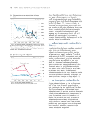 16 

Part 1:   Recent Economic and Financial Developments

26. Mortgage interest rate and mortgage refinance
index
Percent

March 16, 1990 = 100

11

10,000

10

Interest rate

9

8,000

8

6,000

7
4,000

6
5

2,000

4

Refinance index

0

3
1990

1994

1998

2002

2006

2010

2014

NOTE: The interest rate data are weekly through February 5, 2014, and are
for 30-year fixed-rate mortgages. The refinance data are a seasonally adjusted
4-week moving average through January 31, 2014.
SOURCE: For interest rate, Federal Home Loan Mortgage Corporation; for
refinance index, Mortgage Bankers Association.

27. Private housing starts and permits
Monthly

Millions of units, annual rate

2.2
Single-family starts
1.8
1.4
1.0

Single-family permits

.6

Multifamily starts

.2
2001

2003

2005

2007

2009

2011

NOTE: The data extend through December 2013.
SOURCE: Department of Commerce, Bureau of the Census.

2013

since then (figure 26). Soon after the increase,
mortgage refinancing dropped sharply,
while home sales declined somewhat and the
issuance of new single-family housing permits
leveled off (figure 27). However, relative to
historical norms, mortgage rates remain low,
and housing is still quite affordable. Moreover,
steady growth in jobs is likely continuing to
support growth in housing demand, and,
because new home construction is still well
below levels consistent with population
growth, the potential for further growth in the
housing sector is considerable.

. . . and mortgage credit continued to be
tight, . . .
Lending policies for home purchase remained
quite tight overall, but there are some
indications that mortgage credit is starting
to become more widely available. A modest
net fraction of SLOOS respondents reported
having eased standards on prime residential
loans during the second half of last year.
And, in a sign that lending conditions for
home refinance are becoming less restrictive,
the credit scores of individuals refinancing
mortgages at the end of last year were lower,
on average, than scores for individuals
refinancing earlier in the year. However, credit
scores of individuals receiving mortgages for
home purchases have yet to drop (figure 28).

. . . but house prices continued to rise
Home prices continued to rise in the second
half of the year, although somewhat less
quickly than in the first half (figure 29). Over
the 12 months ending in December, home
prices increased 11 percent. Much of the recent
gain in home prices has been concentrated in
areas that saw the largest declines in prices
during the recession and early recovery, as
prices in these areas likely dropped below
levels consistent with the rents these homes
could bring, spurring purchases by large and
small investors who have converted some
homes into rental properties.

 