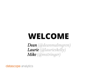 WELCOME
Dean (@deanmalmgren)
Mike (@mstringer)
Laurie (@laurieskelly)
 