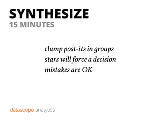 SYNTHESIZE
clump post-its in groups
stars will force a decision
mistakes are OK
15 MINUTES
 
