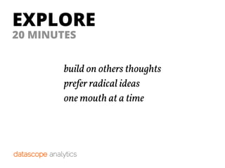 EXPLORE
build on others thoughts
prefer radical ideas
one mouth at a time
20 MINUTES
 