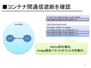 ■コンテナ間通信遮断を確認
$ sysctl net.bridge.bridge-nf-call-iptables
net.bridge.bridge-nf-call-iptables = 0

-icc=false

file:///etc/sysctl.conf
# Disable netfilter on bridges.
net.bridge.bridge-nf-call-ip6tables = 0
net.bridge.bridge-nf-call-iptables = 0
net.bridge.bridge-nf-call-arptables = 0

CT1

CT2

RHEL6系の場合、
Bridge経由パケットがフィルタ対象外。

35

 
