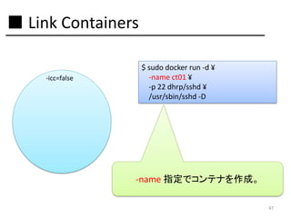 ■ Link Containers
-icc=false

$ sudo docker run -d ¥
-name ct01 ¥
-p 22 dhrp/sshd ¥
/usr/sbin/sshd -D

-name 指定でコンテナを作成。
47

 
