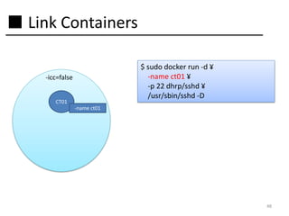 ■ Link Containers
$ sudo docker run -d ¥
-name ct01 ¥
-p 22 dhrp/sshd ¥
/usr/sbin/sshd -D

-icc=false
CT01
-name ct01

48

 