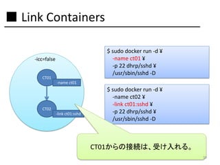 ■ Link Containers
$ sudo docker run -d ¥
-name ct01 ¥
-p 22 dhrp/sshd ¥
/usr/sbin/sshd -D

-icc=false
CT01
-name ct01

CT02
-link ct01:sshd

$ sudo docker run -d ¥
-name ct02 ¥
-link ct01:sshd ¥
-p 22 dhrp/sshd ¥
/usr/sbin/sshd -D

CT01からの接続は、受け入れる。
50

 
