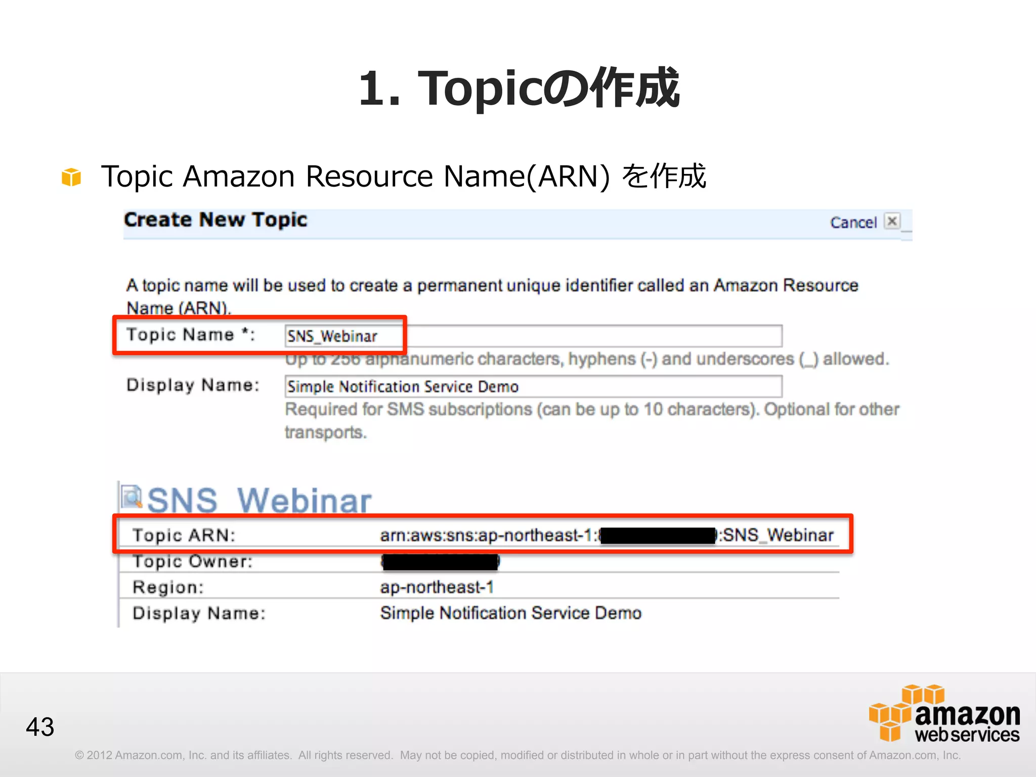 1.  Topicの作成
!   Topic  Amazon  Resource  Name(ARN)  を作成

43
© 2012 Amazon.com, Inc. and its affiliates. All rights reserved. May not be copied, modified or distributed in whole or in part without the express consent of Amazon.com, Inc.

 