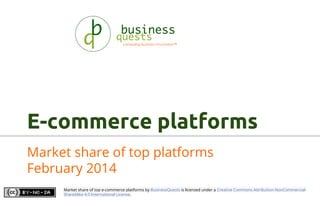 E-commerce platforms
Market share of top platforms
February 2014
Market share of top e-commerce platforms by BusinessQuests is licensed under a Creative Commons Attribution-NonCommercialShareAlike 4.0 International License.

 