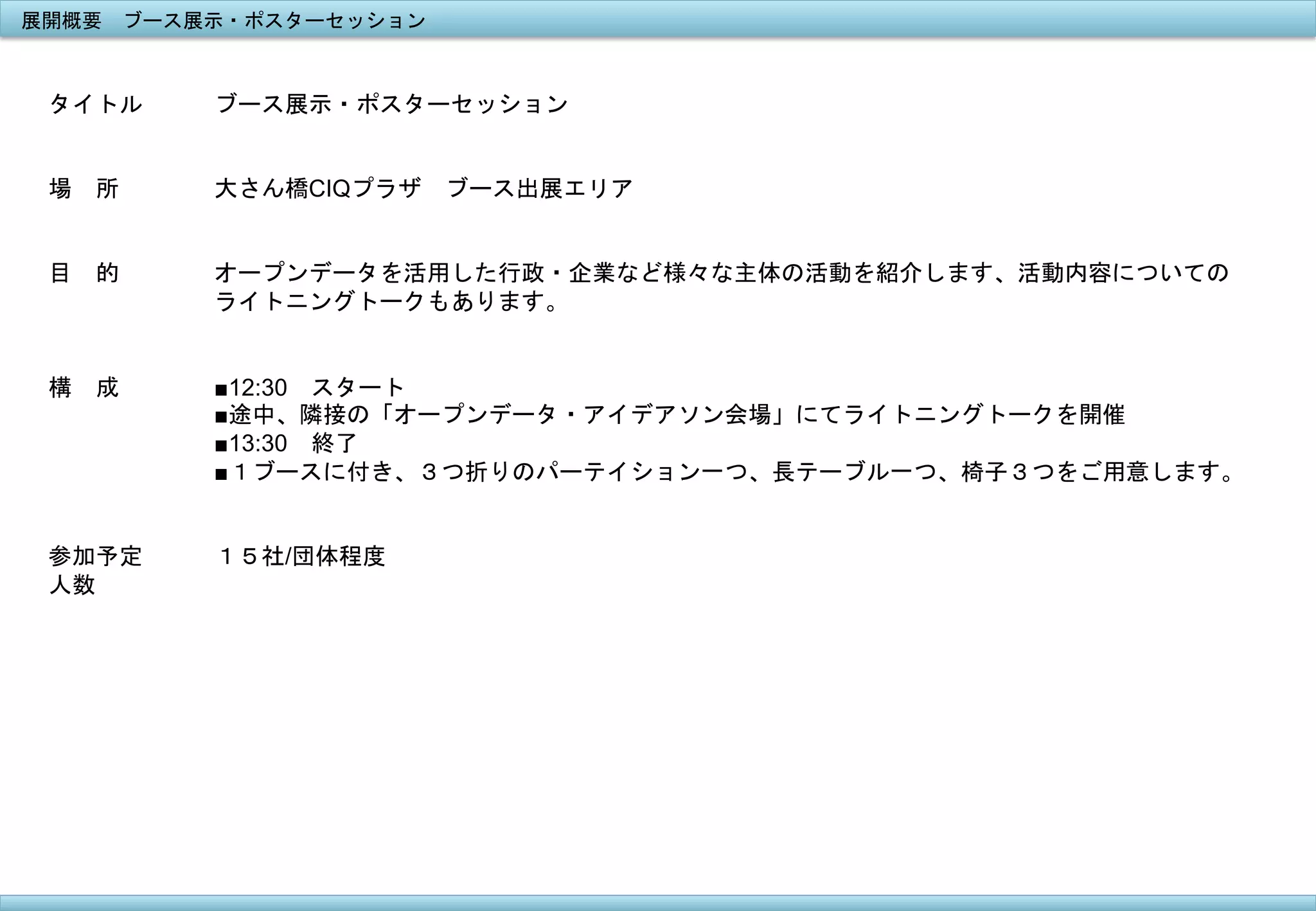 展開概要　ブース展示・ポスターセッション

タイトル

ブース展示・ポスターセッション
	
 

場　所

大さん橋CIQプラザ　ブース出展エリア

目　的

オープンデータを活用した行政・企業など様々な主体の活動を紹介します、活動内容についての
ライトニングトークもあります。

構　成

■12:30　スタート
■途中、隣接の「オープンデータ・アイデアソン会場」にてライトニングトークを開催
■13:30　終了
■１ブースに付き、３つ折りのパーテイション一つ、長テーブル一つ、椅子３つをご用意します。

参加予定
人数
	
 

１５社/団体程度

 