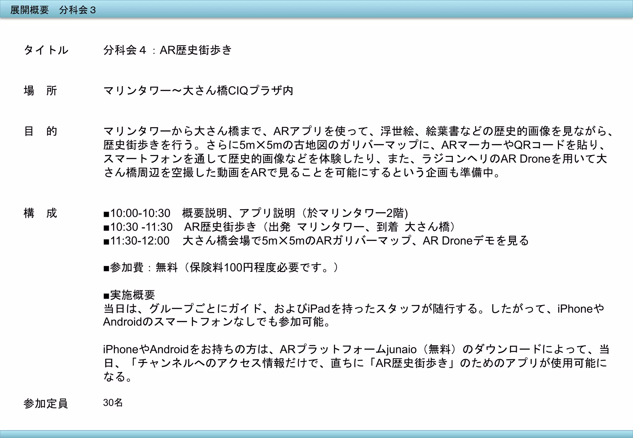 展開概要　分科会３	
 

タイトル

分科会４：AR歴史街歩き

場　所

	
 
マリンタワー〜大さん橋CIQプラザ内

目　的

マリンタワーから大さん橋まで、ARアプリを使って、浮世絵、絵葉書などの歴史的画像を見ながら、
歴史街歩きを行う。さらに5m✕5mの古地図のガリバーマップに、ARマーカーやQRコードを貼り、
スマートフォンを通して歴史的画像などを体験したり、また、ラジコンヘリのAR Droneを用いて大
さん橋周辺を空撮した動画をARで見ることを可能にするという企画も準備中。	
 

構　成

■10:00-10:30　概要説明、アプリ説明（於マリンタワー2階)
■10:30 -11:30　AR歴史街歩き（出発	
 マリンタワー、到着	
 大さん橋）
■11:30-12:00 大さん橋会場で5m✕5mのARガリバーマップ、AR Droneデモを見る
■参加費：無料（保険料100円程度必要です。）
■実施概要
当日は、グループごとにガイド、およびiPadを持ったスタッフが随行する。したがって、iPhoneや
Androidのスマートフォンなしでも参加可能。
iPhoneやAndroidをお持ちの方は、ARプラットフォームjunaio（無料）のダウンロードによって、当
日、「チャンネルへのアクセス情報だけで、直ちに「AR歴史街歩き」のためのアプリが使用可能に
なる。

参加定員	
 

30名	
 

 