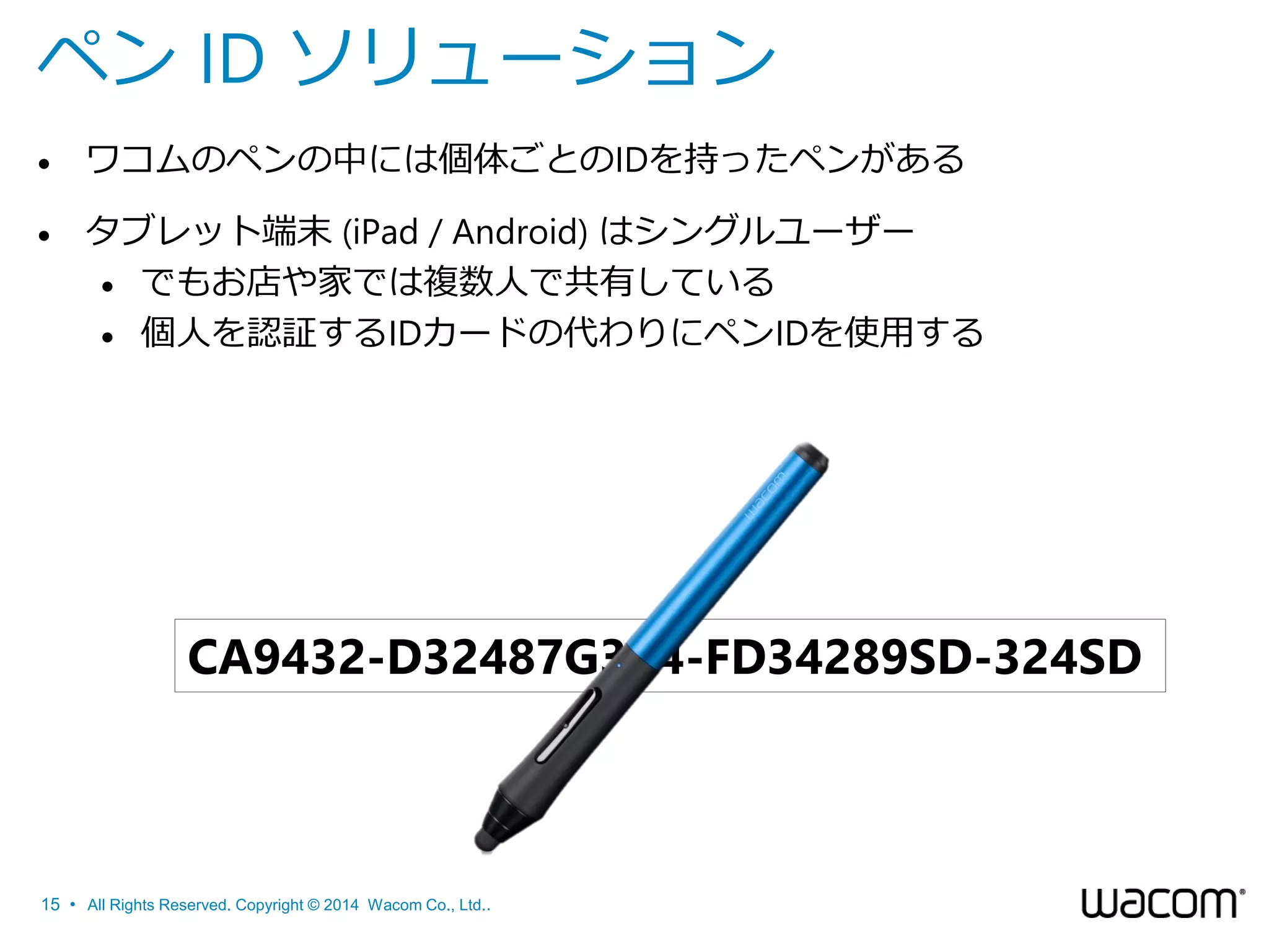 ペン ID ソリューション


ワコムのペンの中には個体ごとのIDを持ったペンがある



タブレット端末 (iPad / Android) はシングルユーザー
 でもお店や家では複数人で共有している
 個人を認証するIDカードの代わりにペンIDを使用する

CA9432-D32487G324-FD34289SD-324SD

15 • All Rights Reserved. Copyright © 2014 Wacom Co., Ltd..

 