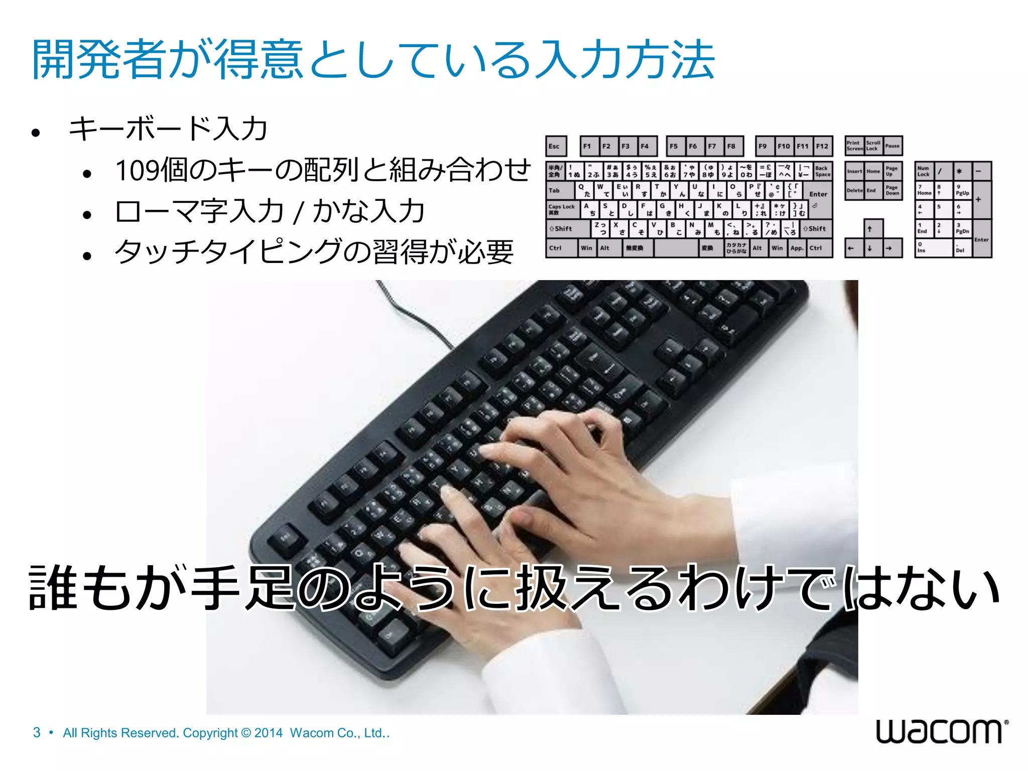 開発者が得意としている入力方法


キーボード入力
 109個のキーの配列と組み合わせ
 ローマ字入力 / かな入力
 タッチタイピングの習得が必要

3 • All Rights Reserved. Copyright © 2014 Wacom Co., Ltd..

 
