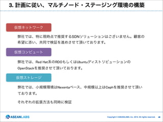 3. 計画に従い、マルチノード・ステージング環境の構築

仮想ネットワーク
弊社では、特に現時点で推奨するSDNソリューションはございません。顧客の
希望に添い、共同で検証を進めさせて頂いております。
仮想コンピュート
弊社では、Red Hat系のRDOもしくはUbuntuディストリビューションの
OpenStackを推奨させて頂いております。
仮想ストレージ
弊社では、小規模環境はNexentaベース、中規模以上はCephを推奨させて頂い
ております。
それぞれの拡張方法も同時に検証

Copyright © ASEANLABS, Inc. 2014. All rights reserved.

!45
!4

 
