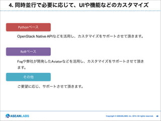 4. 同時並行で必要に応じて、UIや機能などのカスタマイズ

Pythonベース
OpenStack Native APIなどを活用し、カスタマイズをサポートさせて頂きます。

RoRベース
Fogや弊社が開発したAviatorなどを活用し、カスタマイズをサポートさせて頂き
ます。
その他
ご要望に応じ、サポートさせて頂きます。

Copyright © ASEANLABS, Inc. 2014. All rights reserved.

!46
!4

 