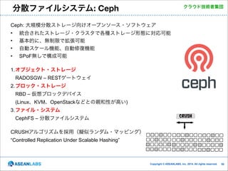 分散ファイルシステム: Ceph

クラウド技術者集団

Ceph: 大規模分散ストレージ向けオープンソース・ソフトウェア
•
•
•

統合されたストレージ・クラスタで各種ストレージ形態に対応可能
基本的に、無制限で拡張可能
自動スケール機能、自動修復機能

•

SPoF無しで構成可能

!

1.オブジェクト・ストレージ 
RADOSGW – RESTゲートウェイ
2.ブロック・ストレージ 
RBD – 仮想ブロックデバイス 
(Linux、KVM、OpenStackなどとの親和性が高い)
3.ファイル・システム 
CephFS – 分散ファイルシステム

!

CRUSHアルゴリズムを採用（擬似ランダム・マッピング）
“Controlled Replication Under Scalable Hashing”

Copyright © ASEANLABS, Inc. 2014. All rights reserved.

!50
!50

 