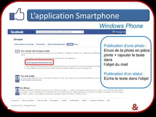 L’application Smartphone
Windows Phone
Publication d’une photo :
Envoi de la photo en pièce
jointe + rajouter le texte
dans
l’objet du mail
Publication d’un statut :
Ecrire le texte dans l’objet

35

 