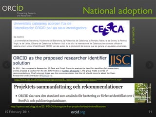 bit.ly/1abIOyG

National adoption

http://www.jisc.ac.uk/whatwedo/programmes/di_researchmanagement/researchinformation/orcid.aspx

http://openaccess.blogg.kb.se/2013/01/30/slutrapport-fran-projekt-forfattarindentifikatorer/

15 February 2014

orcid.org	


19

 