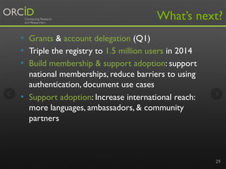 What’s next?
•  Grants & account delegation (Q1)
•  Triple the registry to 1.5 million users in 2014
•  Build membership & support adoption: support
national memberships, reduce barriers to using
authentication, document use cases
•  Support adoption: Increase international reach:
more languages, ambassadors, & community
partners

29

 