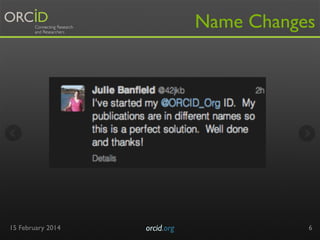 Name Changes

15 February 2014

orcid.org	


6

 