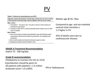 PV
Median age @ Dx: 70yo
Compared to age- and sex-matched
controls total mortality is
1.2 higher in PV.

45% of deaths were due to
cardiovascular disease.

GRADE A Treatment Recommendation
Aspirin 75 - 100 mg/day
Grade B recommendation
Phlebotomy to maintain the Hct to <0.45
Cytoreduction should be given to:
-All patients with platelets > 1.5 million
IFN or Hydroxyurea
-leukocyte count > 15 x109/L

 