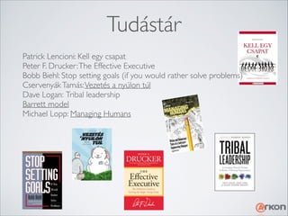 Tudástár
Patrick Lencioni: Kell egy csapat	

Peter F. Drucker: The Effective Executive	

Bobb Biehl: Stop setting goals (if you would rather solve problems)	

Cservenyák Tamás: Vezetés a nyúlon túl	

Dave Logan: Tribal leadership	

Barrett model	

Michael Lopp: Managing Humans

 