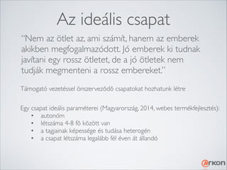 Az ideális csapat
“Nem az ötlet az, ami számít, hanem az emberek
akikben megfogalmazódott. Jó emberek ki tudnak
javítani egy rossz ötletet, de a jó ötletek nem
tudják megmenteni a rossz embereket.”
Támogató vezetéssel önszerveződő csapatokat hozhatunk létre	

Egy csapat ideális paraméterei (Magyarország, 2014, webes termékfejlesztés):	

	

 •	

 autonóm	

	

 •	

 létszáma 4-8 fő között van	

	

 •	

 a tagjainak képessége és tudása heterogén	

	

 •	

 a csapat létszáma legalább fél éven át állandó

 