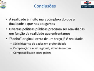 Conclusões
• A realidade é muito mais complexa do que a
dualidade a que nos apegamos
• Diversas políticas públicas precisam ser reavaliadas
em função da realidade que enfrentamos
• “Sonho” original: cerca de um terço já é realidade
– Série histórica de dados em profundidade
– Comparação a nível regional, simultânea com
– Comparabilidade entre países
 
