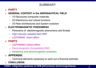 SUMMARY


PART1



GENERAL CONTEXT in the AERONAUTICAL FIELD
• 1/3 Structures composite materials
• 2/3 Electronics and critical functions
• 3/3 New architectures and System evolution
ELECTROMAGNETIC PHENOMENA
• Panorama of electromagnetic phenomena and threats
• High intensity radiated field HIRF
• LIGTHNING direct effect





PART2
•
•
•

LIGTHNING indirect effect
Electromagnetic Compatibility EMC
Hardening and electromagnetic protection



APPENDIX:



Technical elements necessary to work out a financial estimate
CONCLUSION
•

CISEC: intégration systèmes et CEM phénomènes électromagnétiques

2/

 