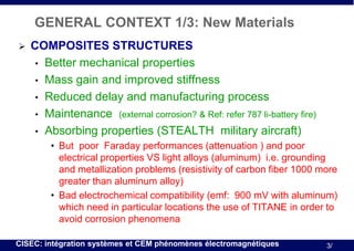 GENERAL CONTEXT 1/3: New Materials


COMPOSITES STRUCTURES
• Better mechanical properties
• Mass gain and improved stiffness
• Reduced delay and manufacturing process
• Maintenance (external corrosion? & Ref: refer 787 li-battery fire)
• Absorbing properties (STEALTH military aircraft)
• But poor Faraday performances (attenuation ) and poor
electrical properties VS light alloys (aluminum) i.e. grounding
and metallization problems (resistivity of carbon fiber 1000 more
greater than aluminum alloy)
• Bad electrochemical compatibility (emf: 900 mV with aluminum)
which need in particular locations the use of TITANE in order to
avoid corrosion phenomena

CISEC: intégration systèmes et CEM phénomènes électromagnétiques

3/

 