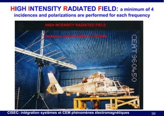 HIGH INTENSITY RADIATED FIELD: a minimum of 4
incidences and polarizations are performed for each frequency

CISEC: intégration systèmes et CEM phénomènes électromagnétiques

38/

 