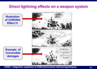 Direct lightning effects on a weapon system
Illustration
of CORONA
Effect !!!

Example of
irreversible
damages

CISEC: intégration systèmes et CEM phénomènes électromagnétiques

54/

 