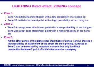 LIGHTNING Direct effect: ZONING concept


Zone 1
•
•



Zone 2
•
•



Zone 1A: initial attachment point with a low probability of arc hang on
Zone 1B: initial attachment point with a high probability of arc hang on
Zone 2A: swept zone attachment point with a low probability of arc hang on
Zone 2B: swept zone attachment point with a high probability of arc hang
on

Zone 3
•

All the other zones of the plane other than those of zones 1 and 2, there is a
low possibility of attachment of the direct arc the lightning. Surfaces of
Zone 3 can be traversed by important currents but only by direct
conduction between 2 point of initial attachment or sweeping

CISEC: intégration systèmes et CEM phénomènes électromagnétiques

57/

 