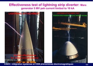 Effectiveness test of lightning strip diverter: Marx
generator 5 MV pek current limited to 10 kA

CISEC: intégration systèmes et CEM phénomènes électromagnétiques

64/

 