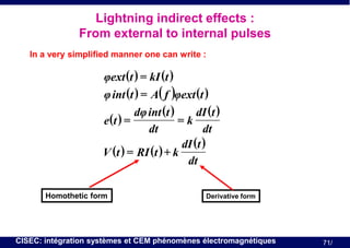 Lightning indirect effects :
From external to internal pulses
In a very simplified manner one can write :

φext (t ) = kI (t )
φ int (t ) = A( f )φext (t )
dφ int (t )
dI (t )
e (t ) =
=k
dt
dt
dI (t )
V (t ) = RI (t ) + k
dt
Homothetic form

Derivative form

CISEC: intégration systèmes et CEM phénomènes électromagnétiques

71/

 