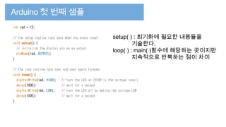 setup( ) : 최기화에 필요한 내용들을
기술한다.
loop( ) : main( )함수에 해당하는 곳이지만
지속적으로 반복하는 점이 차이

 