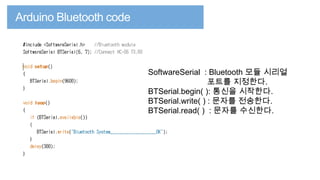 SoftwareSerial : Bluetooth 모듈 시리얼
포트를 지정한다.
BTSerial.begin( ): 통신을 시작한다.
BTSerial.write( ) : 문자를 전송한다.
BTSerial.read( ) : 문자를 수신한다.

 
