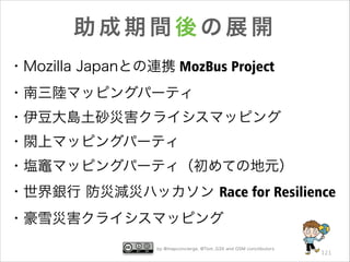 助成期間後の展開
・Mozilla Japanとの連携 MozBus Project
・南三陸マッピングパーティ
・伊豆大島土砂災害クライシスマッピング
・閖上マッピングパーティ
・塩竈マッピングパーティ（初めての地元）
・世界銀行 防災減災ハッカソン Race for Resilience
・豪雪災害クライシスマッピング
by @mapconcierge, @Tom_G3X and OSM conctibutors

121

 