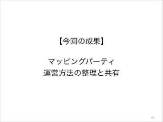 【今回の成果】
!

マッピングパーティ
運営方法の整理と共有

99

 