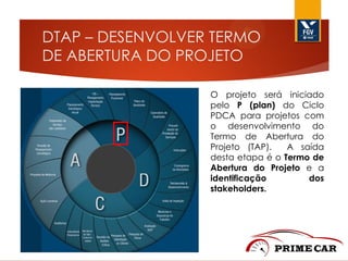 DTAP – DESENVOLVER TERMO
DE ABERTURA DO PROJETO
O projeto será iniciado
pelo P (plan) do Ciclo
PDCA para projetos com
o desenvolvimento do
Termo de Abertura do
Projeto (TAP).
A saída
desta etapa é o Termo de
Abertura do Projeto e a
identificação
dos
stakeholders.

 