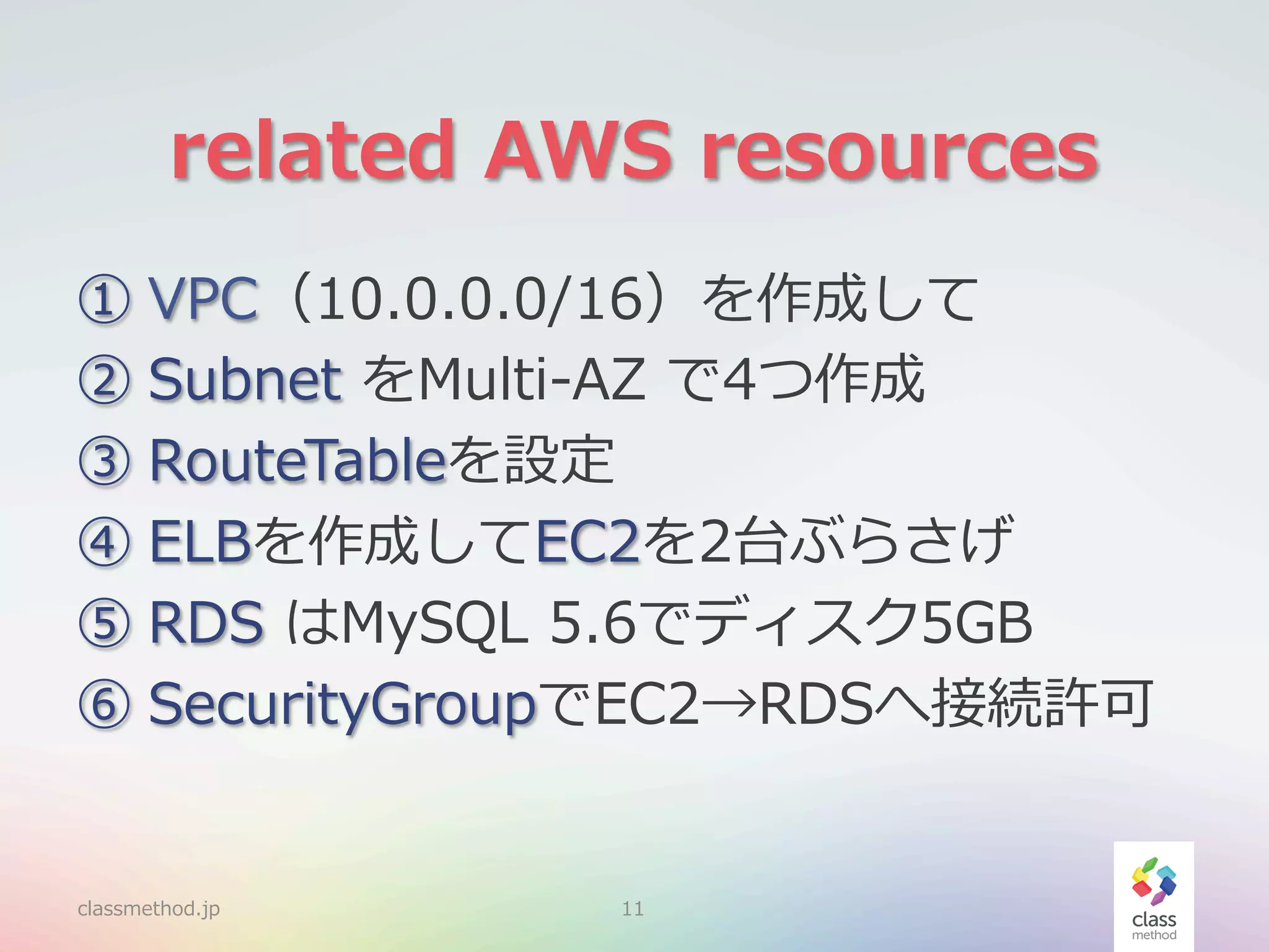 related  AWS  resources
①  VPC（10.0.0.0/16）を作成して
②  Subnet  をMulti-‐‑‒AZ  で4つ作成
③  RouteTableを設定
④  ELBを作成してEC2を2台ぶらさげ
⑤  RDS  はMySQL  5.6でディスク5GB
⑥  SecurityGroupでEC2→RDSへ接続許可

classmethod.jp

11

 