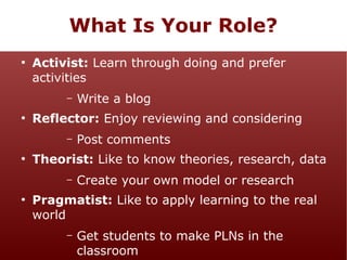 What Is Your Role?
●

Activist: Learn through doing and prefer
activities
–

●

Reflector: Enjoy reviewing and considering
–

●

Post comments

Theorist: Like to know theories, research, data
–

●

Write a blog

Create your own model or research

Pragmatist: Like to apply learning to the real
world
–

Get students to make PLNs in the
classroom

 