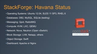 StackForge: Havana Status
• Operating Systems: Ubuntu 12.04, SLES 11 SP3, RHEL 6
• Databases: DB2, MySQL, SQLite (testing)
• Messaging: Qpid, RabbitMQ
• Compute: KVM, LXC, QEMU
• Network: Nova, Neutron (Open vSwitch)
• Block Storage: LVM, Netapp, others
• Object Storage: Swift
• Dashboard: Apache or Nginx

 