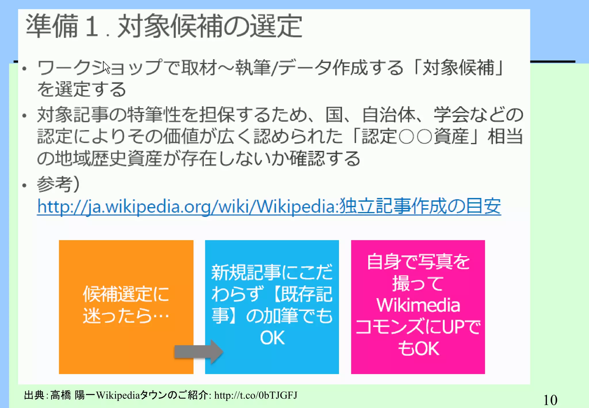 「
　まち歩きオープンデータソン」島原

出典：高橋 陽一Wikipediaタウンのご紹介: http://t.co/0bTJGFJ

10

 