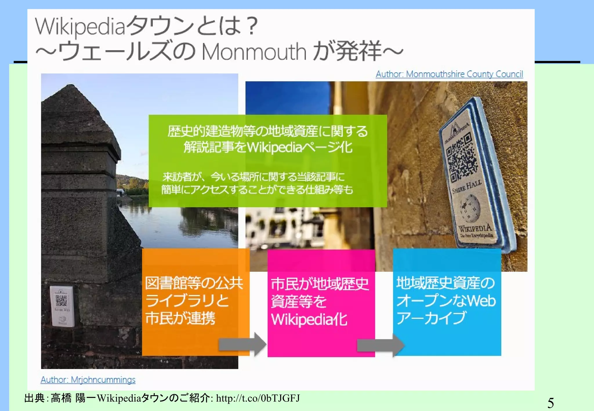 「
　まち歩きオープンデータソン」島原

出典：高橋 陽一Wikipediaタウンのご紹介: http://t.co/0bTJGFJ

5

 