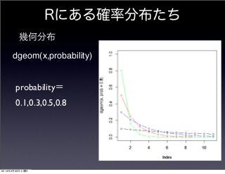 Rにある確率分布たち
幾何分布
dgeom(x,probability)

probability＝
0.1,0.3,0.5,0.8

2014年2月22日土曜日

 