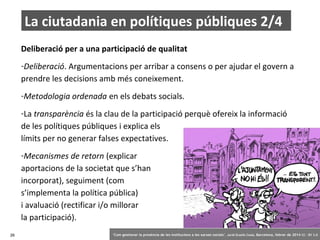 La ciutadania en polítiques públiques 2/4
Deliberació per a una participació de qualitat
-Deliberació. Argumentacions per arribar a consens o per ajudar el govern a
prendre les decisions amb més coneixement.
-Metodologia ordenada en els debats socials.
-La transparència és la clau de la participació perquè ofereix la informació
de les polítiques públiques i explica els
límits per no generar falses expectatives.
-Mecanismes de retorn (explicar
aportacions de la societat que s’han
incorporat), seguiment (com
s’implementa la política pública)
i avaluació (rectificar i/o millorar
la participació).
26

‘Com gestionar la presència de les institucions a les xarxes socials’ . Jordi Graells Costa. Barcelona, febrer de 2014 CC – BY 3.0

 
