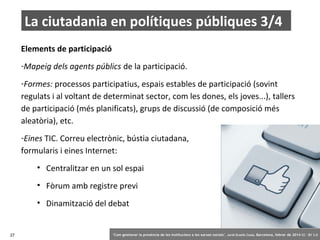 La ciutadania en polítiques públiques 3/4
Elements de participació
-Mapeig dels agents públics de la participació.
-Formes: processos participatius, espais estables de participació (sovint
regulats i al voltant de determinat sector, com les dones, els joves...), tallers
de participació (més planificats), grups de discussió (de composició més
aleatòria), etc.
-Eines TIC. Correu electrònic, bústia ciutadana,
formularis i eines Internet:
• Centralitzar en un sol espai
• Fòrum amb registre previ
• Dinamització del debat

27

‘Com gestionar la presència de les institucions a les xarxes socials’ . Jordi Graells Costa. Barcelona, febrer de 2014 CC – BY 3.0

 