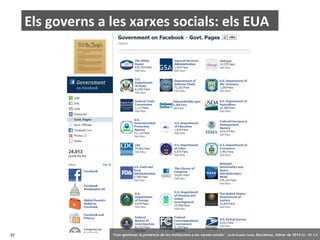 Els governs a les xarxes socials: els EUA

37

‘Com gestionar la presència de les institucions a les xarxes socials’ . Jordi Graells Costa. Barcelona, febrer de 2014 CC – BY 3.0

 
