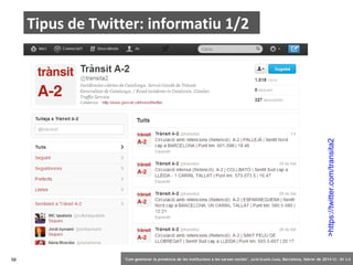 >https://twitter.com/transita2

Tipus de Twitter: informatiu 1/2

58

‘Com gestionar la presència de les institucions a les xarxes socials’ . Jordi Graells Costa. Barcelona, febrer de 2014 CC – BY 3.0

 