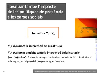 I avaluar també l’impacte
de les polítiques de presència
a les xarxes socials

Y1 = outcomes la intervenció de la institució
Y0 = outcomes produïts sense la intervenció de la institució
(contrafactual). Es tracta sempre de trobar unitats amb trets similars
a les que participen del programa que s’avalua.

71

>measurement of the color © arquera CC-BY-2.0

Impacte = Y1 – Y0

‘Com gestionar la presència de les institucions a les xarxes socials’ . Jordi Graells Costa. Barcelona, febrer de 2014 CC – BY 3.0

 